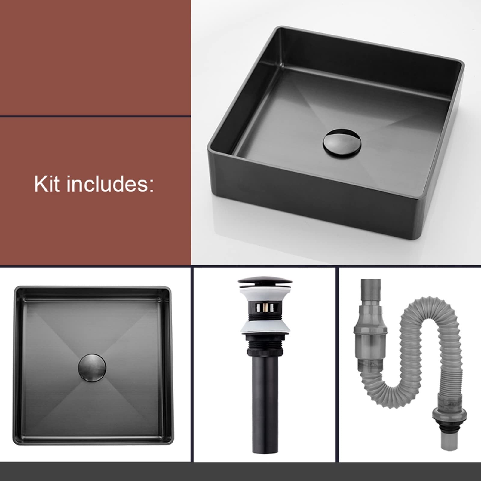 Spülbecken Schwarzes Edelstahl-Schiffs-Waschbecken-Quadrat-Badezimmer-Eitelkeits-Waschbecken-über Theken-Schiffs-Badezimmer-Waschbecken for Kabinett-Toilette(Sink)