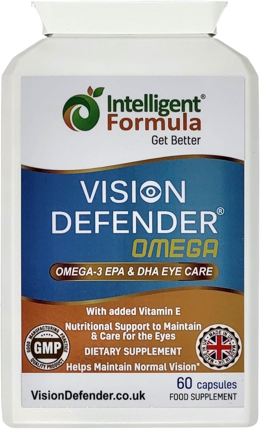 Vision Defender Omega Eye Health Supplement – Omega-3 Fish Oil with DHA & EPA + Antioxidant Vitamin E – 60 Softgel Capsules – Supports Eye Comfort & Dry Eyes – Made in UK
