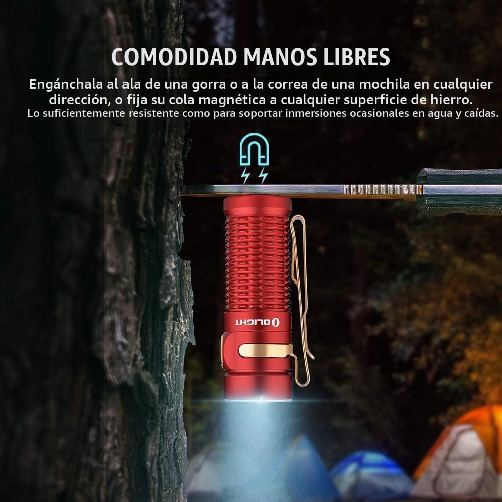 OLIGHT Baton 3 Mini EDC Linterna de 1200 Lúmenes, 166 metros de Alcance, Impermeable IPX8, Lámpara de Mano Recargable con Cable de Carga Magnético MCC 1A y Batería Potente Personalizada (Rojo)