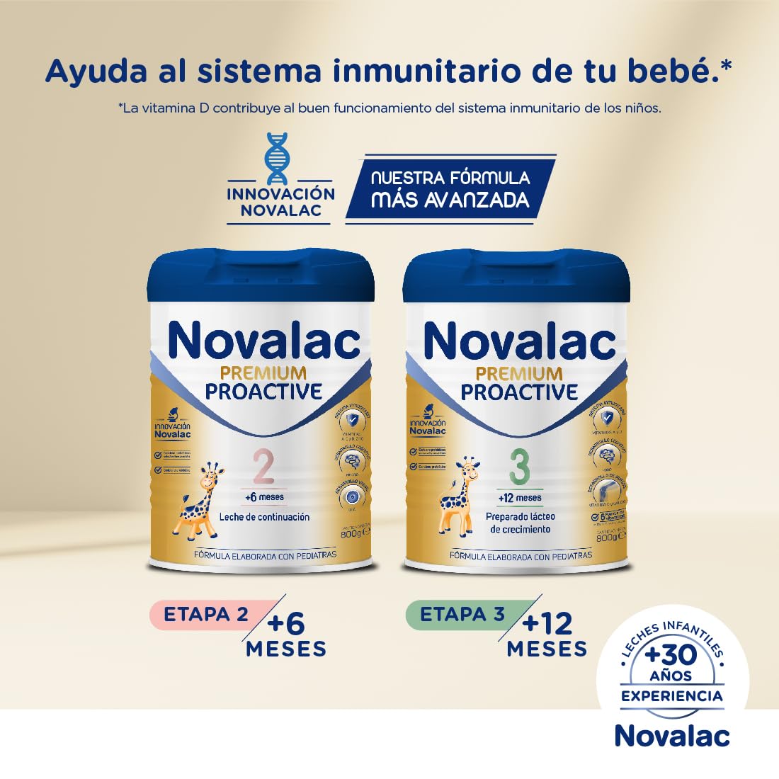 Novalac Premium Proactive 3 Leche de Continuación 1-3 Años. Contribuye al Desarrollo Normal y del sistema inmunitario del Bebé. Fórmula Elaborada con Pediatras rica en Calcio, Yodo, ViT A y D - 800 g