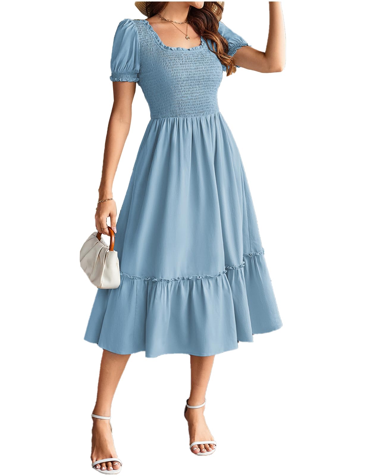 GRACE KARIN Abiti estivi da donna con punto smock una linea swing abiti da spiaggia con scollo quadrato elastico petto abiti per le vacanze quotidiane