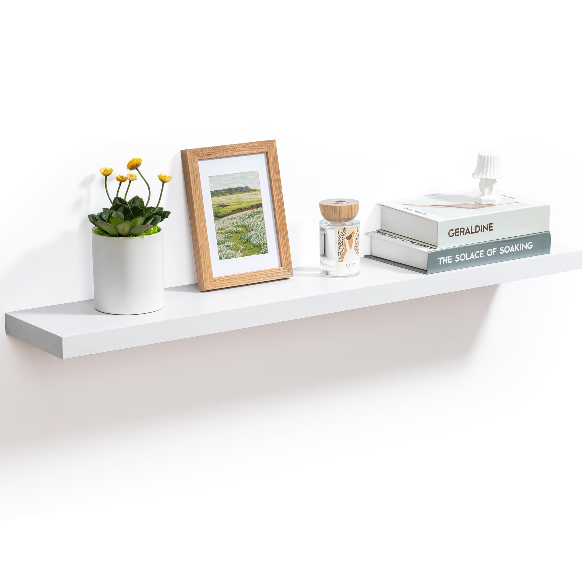 White Floating Shelves for Wall, 36 Inch Rustic Hardwood Floating Wall Shelves for Home Decor & Storage, Wall Mounted Wooden Shelves for Bathroom, Kitchen, Living Room, 36" W x 6.7" D x 1.2" H