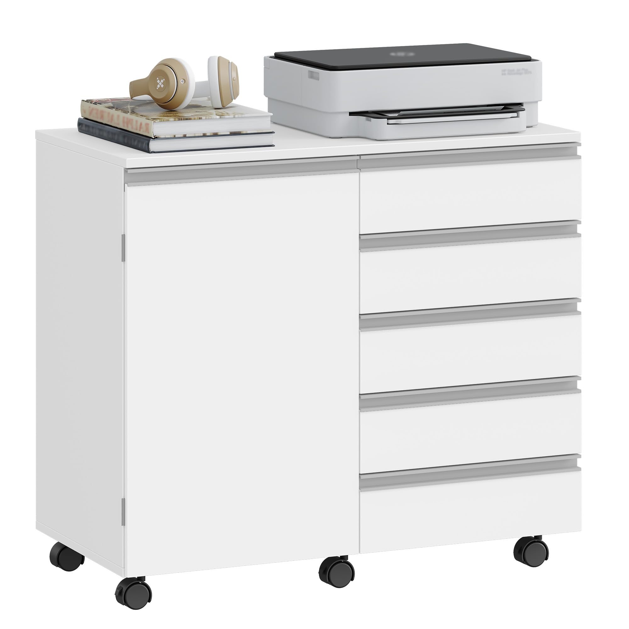 Hzuaneri Cajonera Escritorio con 5 cajones y Puerta de Armario, archivador móvil con Ruedas, Espacio de Almacenamiento para Oficina y Home Office, 40 x 80 x 70 cm, Blanco FC52503X