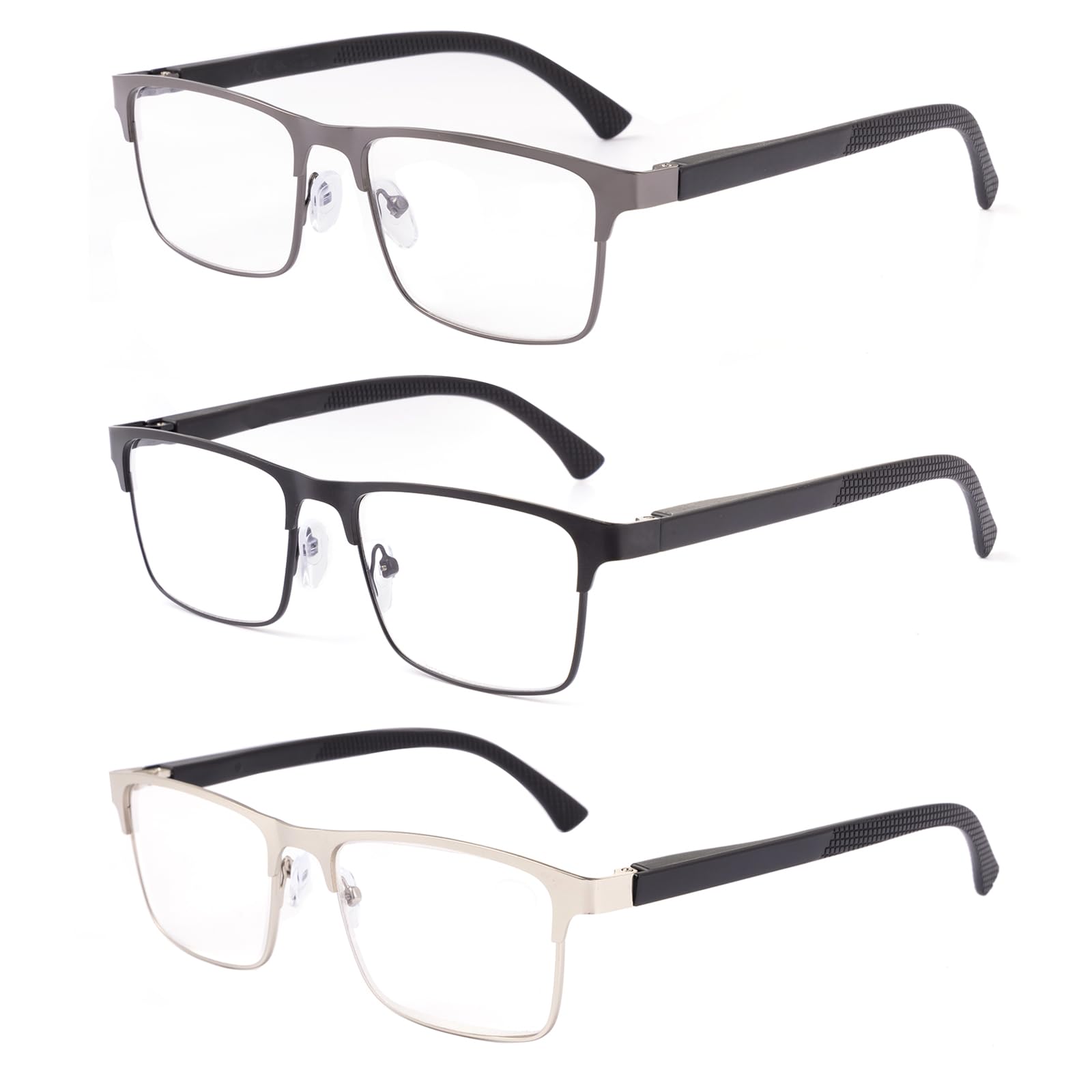 OKH Hombres Gafas de Lectura Azul Light Blocking Acero Metal Frame Rectángulo Lente Transparente Primavera Bisagras Anti Eyestrain Reader Eyeglasses
