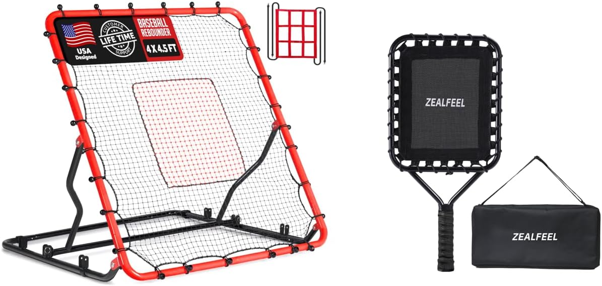 4x4.5Ft Baseball Rebounder Net with 2 Strike Zones, 3 Adjustable Angles, 19 Ounce Fungo Racket Softball Training, Designed to Hitting Ground Balls, Pop Flies & Line Drives