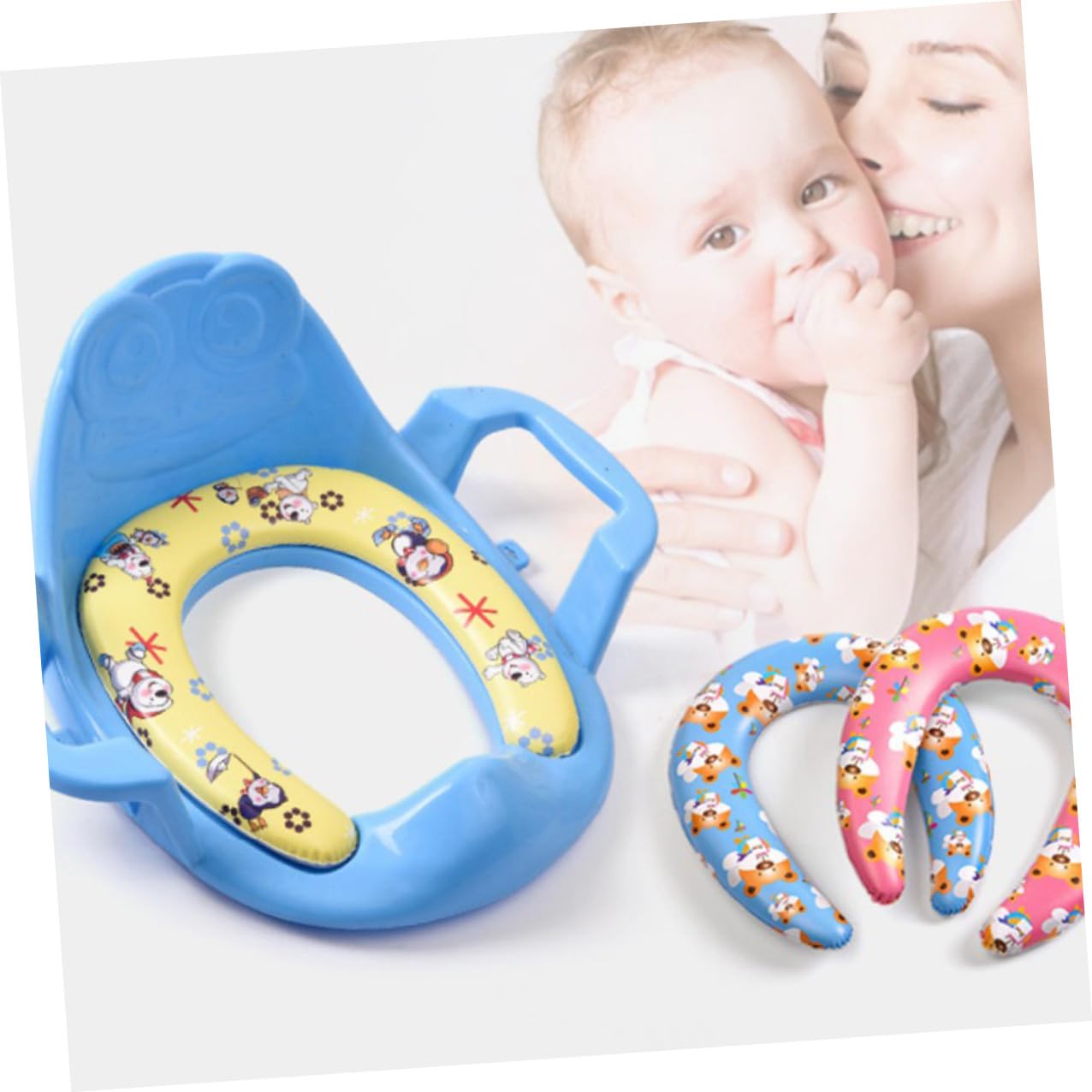 Asiento de Entrenamiento Baño para Niños y Bebés Cojín Cómodo y Asas Antideslizantes de Pvc para Uso en Casa, Pack de 4 Unidades Color Aleatorio