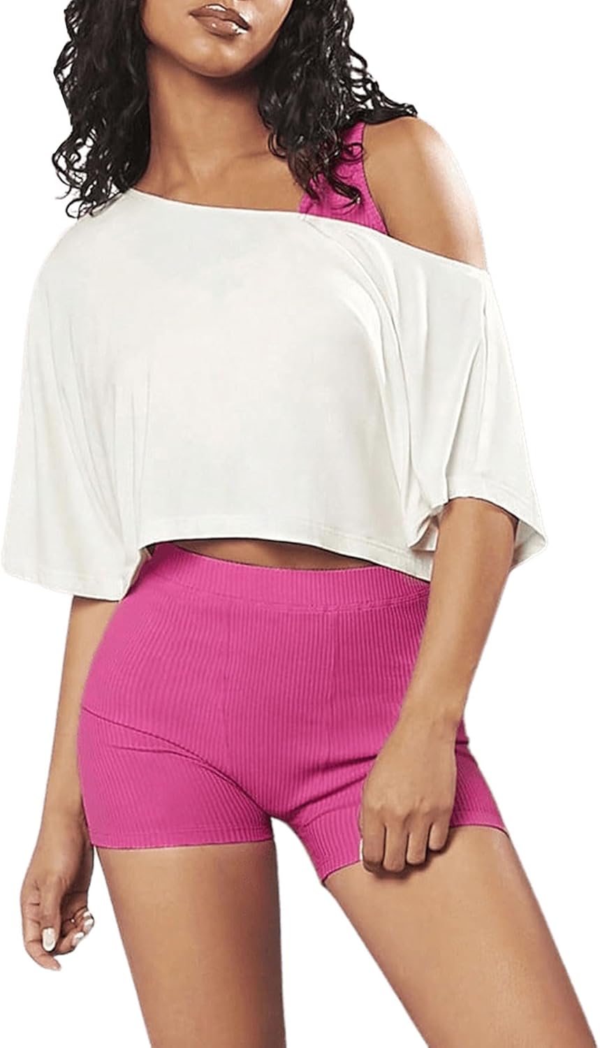 SOLY HUX Women's Off The Shoulder Tee Yoga Workout Crop Top Half Sleeve Asymmetrical Neck Activewear T Shirt - Image 6