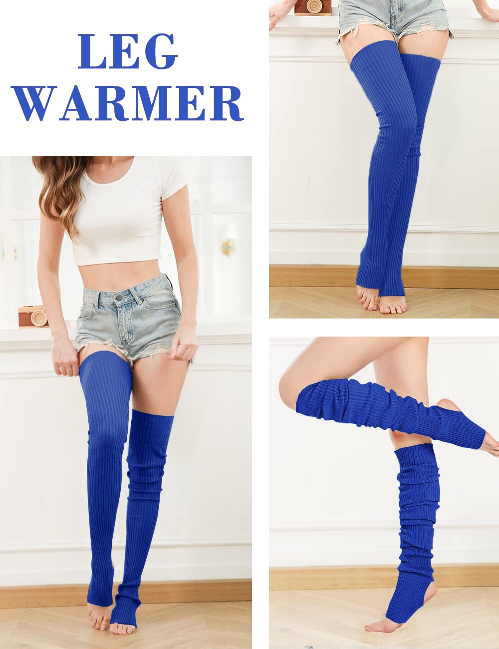 v28 Women Girls Thigh High Neon Ribbed Long 80s 90s Party Skating Leg Warmers: One Size Hole86 -Blue