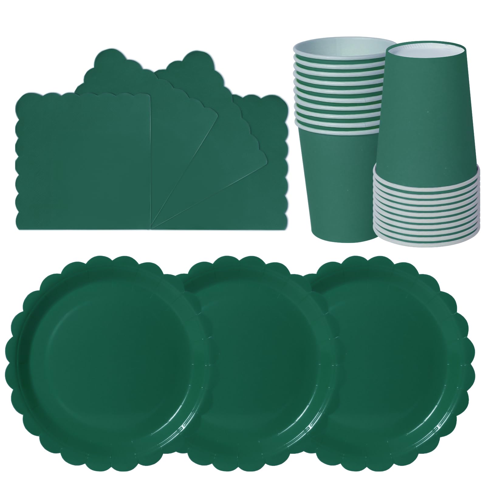hailstones Dark Green Disposable Scalloped Party Paper Plates Set Tableware Supplies - 24 Pack of 7 Inch Plates, Cups & Napkins for Kids Birthday Decorations Christening Wedding Shower