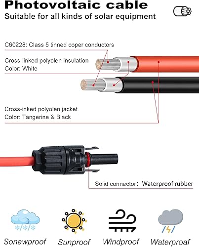Miniatura 6 de Cable de extensión de panel solar 12AWG de 10 pies  9.8 ft, 4 mm con conector hembra y macho, cable de panel solar para paneles solares (10 pies