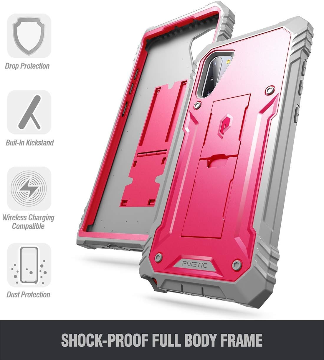 Galaxy Note 10 Rugged Case with Kickstand, Poetic Heavy Duty Military Grade Full Body Cover, Without Built-in-Screen Protector, Revolution Series, for Samsung Galaxy Note 10 (2019), Pink
