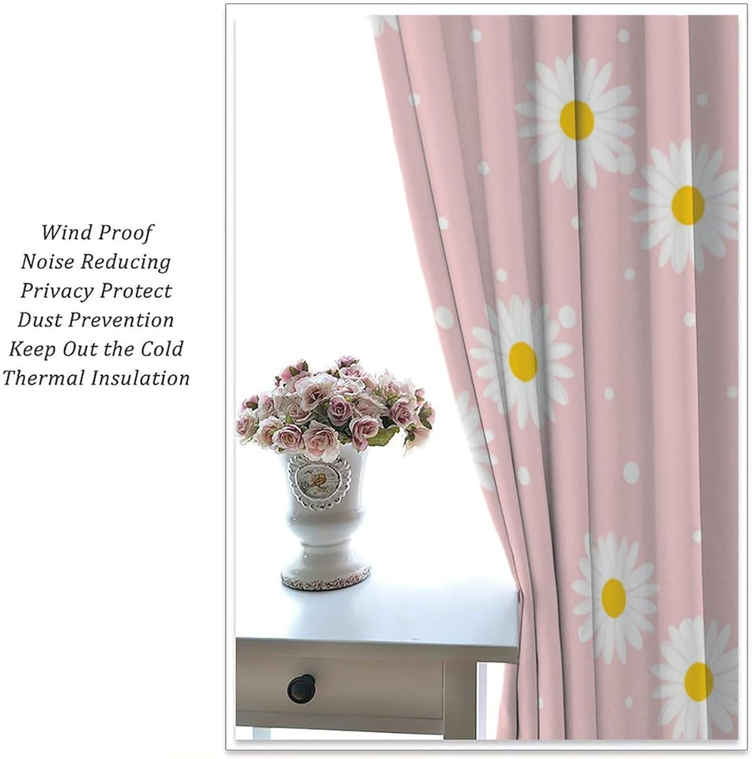 Pink White Daisy Curtains, Cartoon Cute Spring Colorful Daisy Floral Print Blackout Window Treatments for Girls Bedroom Living Room, 63" W X 63" L