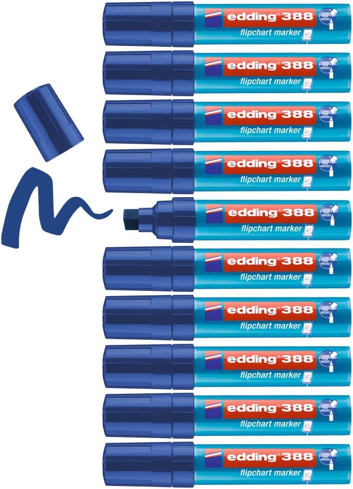 Edding 388 Easel Marker - Blue - 10 Markers - Chisel Tip 4-12mm - Marker for Writing, Drawing and Marking on Flipchart Paper - Does Not Overflow - Does Not Dry
