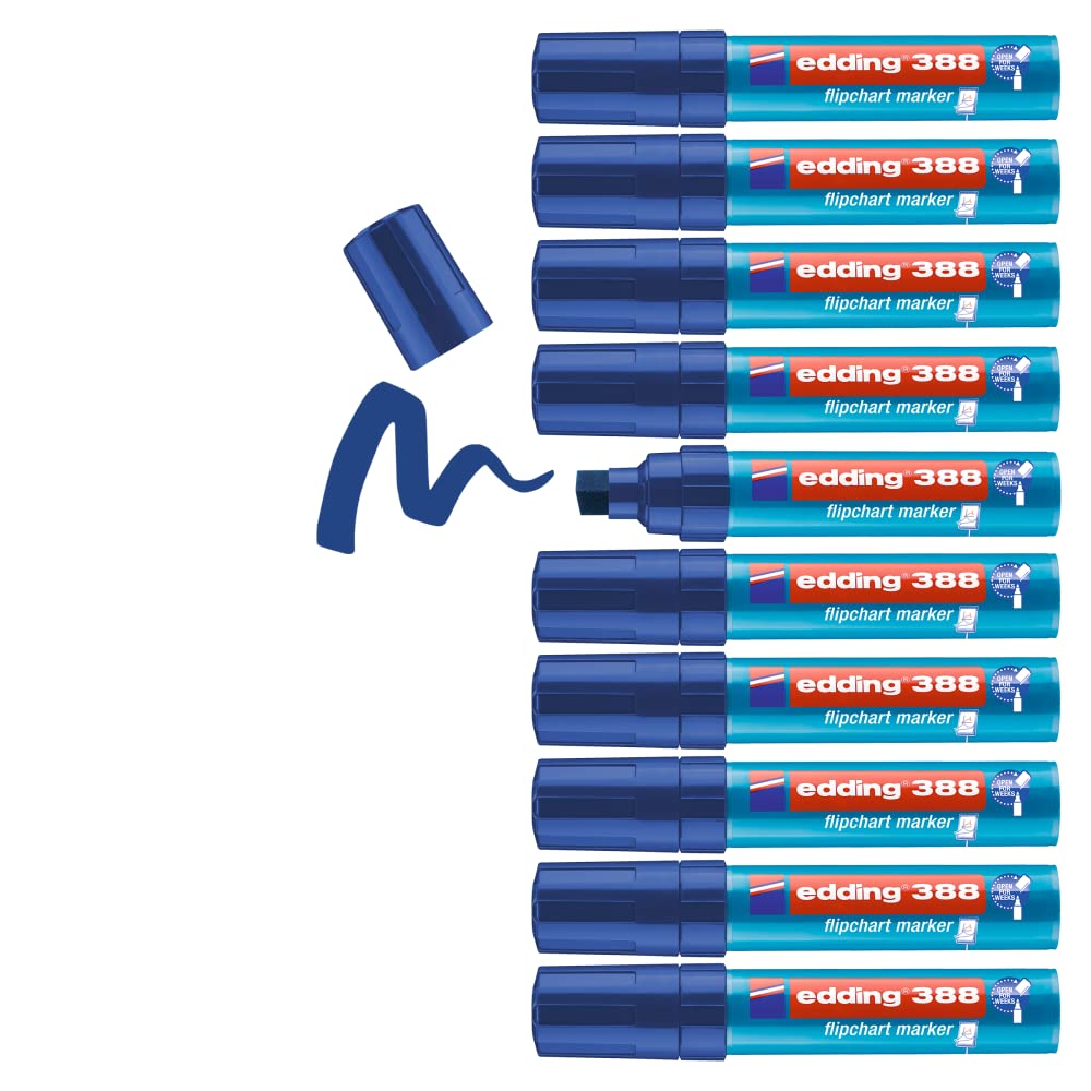 edding 388 Flipchart Marker - Blue - Box Of 10 - Chisel Nib 4-12 Mm - Marker For Writing, Drawing And Marking On Flipchart Paper - Does Not Bleed Through - Does Not Dry Out