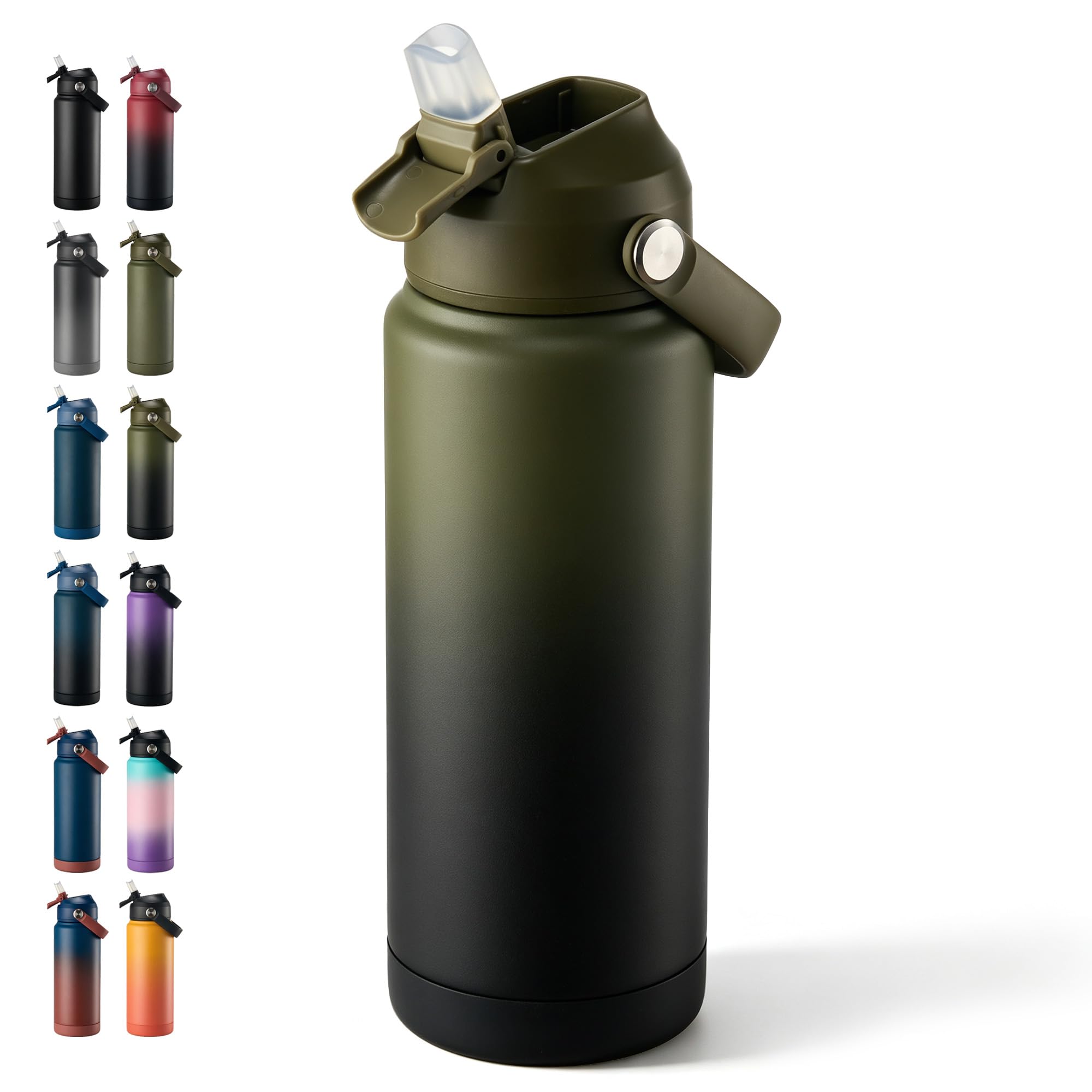 Fijinhom 24 oz Insulated Water Bottle with Straw Lid, Stainless Steel Water Bottles, Double Wall Vacuum, Portable Handle & Non-slip Bottom, BPA Free Leak Proof Metal Bottles, Cold 24H, Green/Black Green/Black 24 Ounces