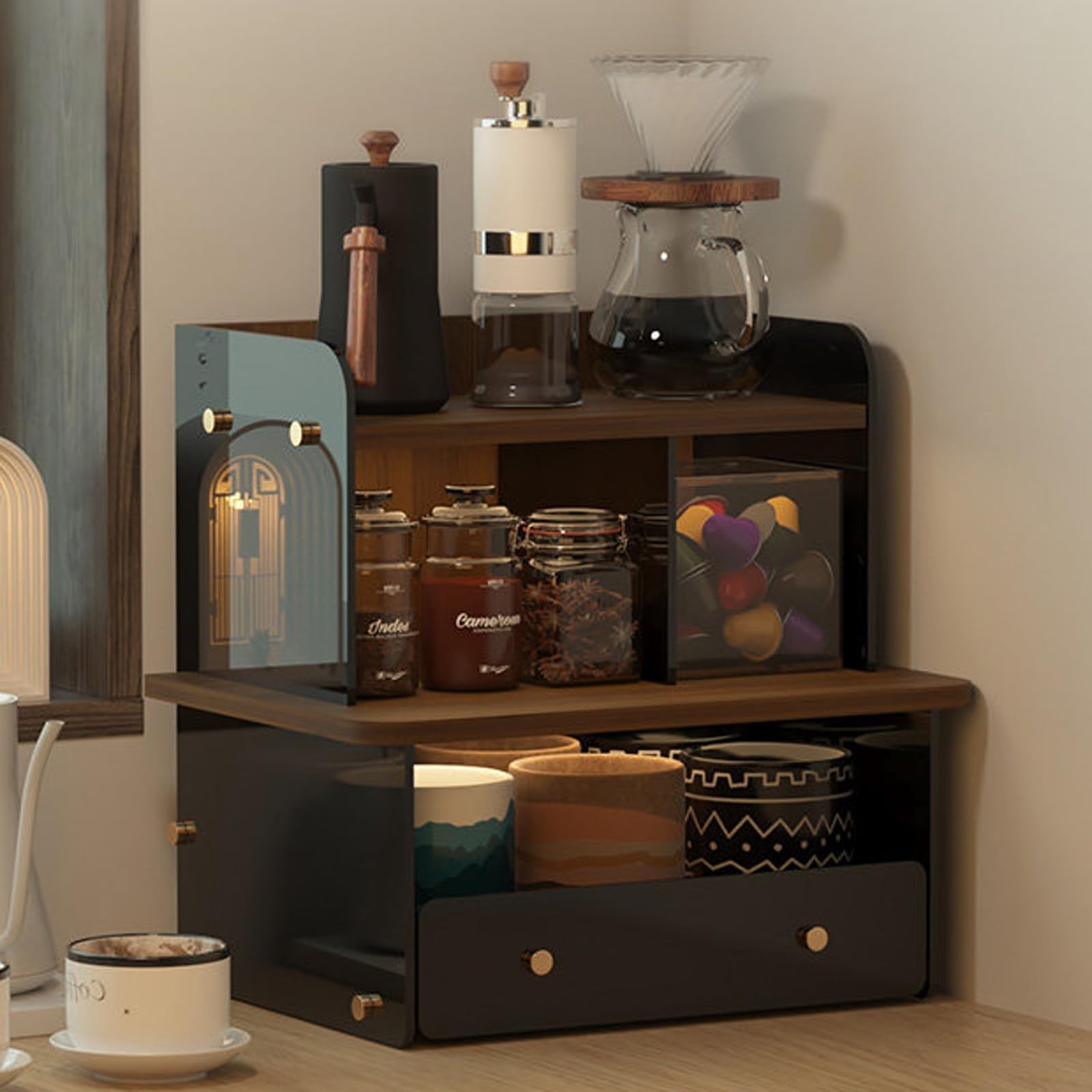Weyot Acrylic Coffee Cup Display Shelf, Coffee Station Organizer, Mug Holder Countertop for Home, Condiment Storage Rack for Matcha Stand Office Tabletop Bar Accessories Brown,32x26x35cm