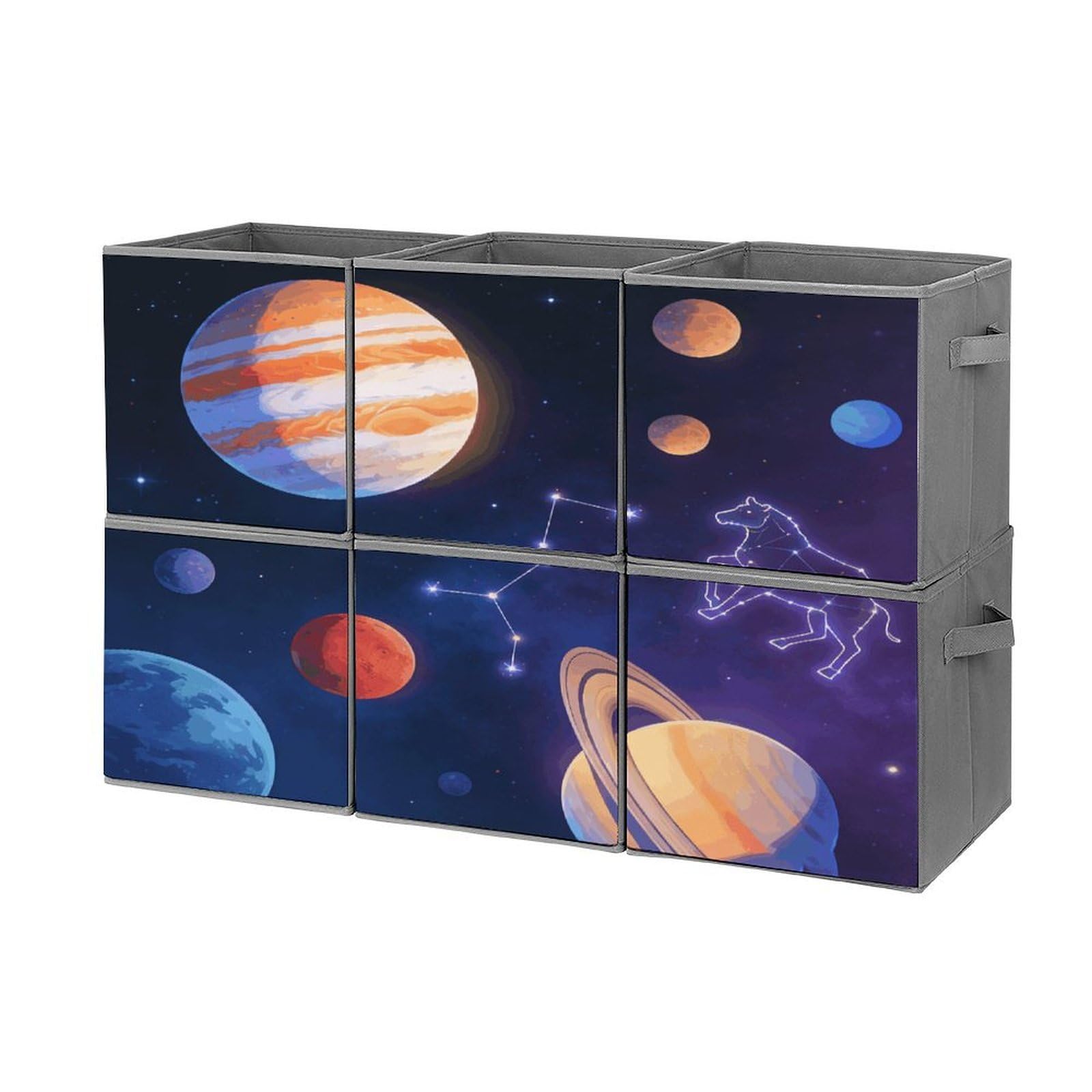 Fodpand Style Planets And Constellations Cube Bins With Double Handles,Set Of 6 Cube Organizer, Stackable And Foldable Storage Bins For Organization, Closet, Shelves, Offices