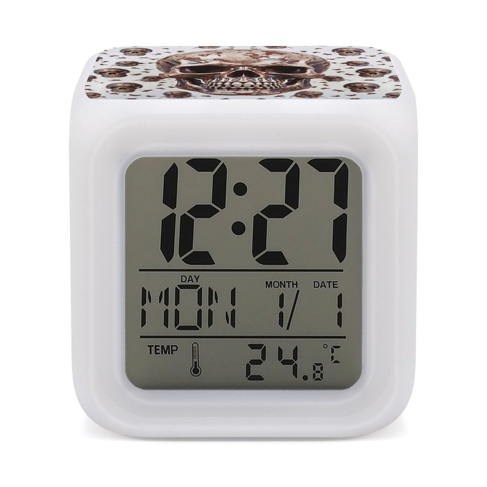 DWVTSLH Skull on White Background Alarm Clock with 7 Color Changing Night Light, Wake Up Digital Clock for Bedroom, Bedside Cube Clock with Date, Temperature, Battery Operated Desk Clock Gift