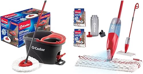 O-Cedar EasyWring - Trapeador giratorio de microfibra, sistema de limpieza de suelos de cubo, trapeador con rociador ProMist Max, color rojo, gris y