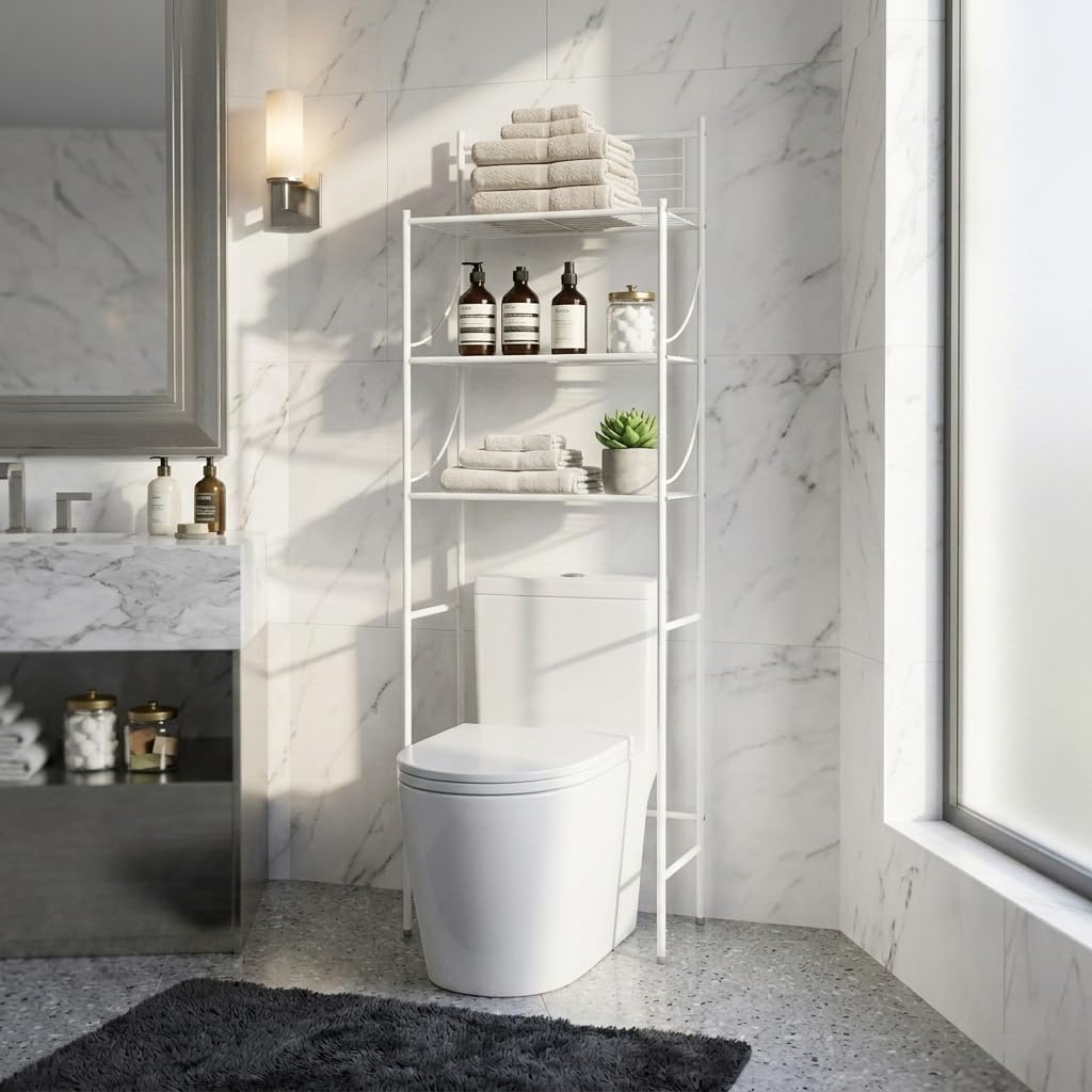 Bath Bliss 3 Tier Freestanding Bathroom Space Saver, Whtie Metal Over Toilet Storage Rack | Rust Resistant Bathroom Organizer Shelf | Space Saving Bathroom Storage for Towels & Toilet Paper