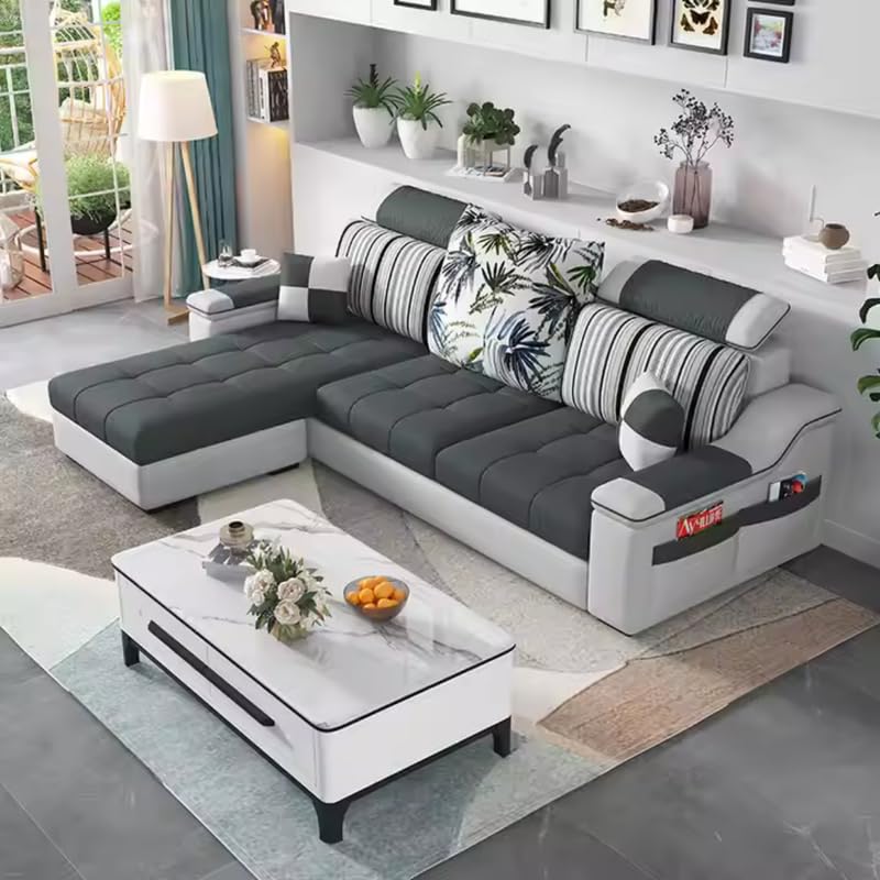 Image of Homax. Albo Modern 3-Seater Sofa Set with Convertible Ottoman - Interchangeable L-Shape Design, Adjustable Headrests & Space-Saving for Living Room - Color - Dark Grey