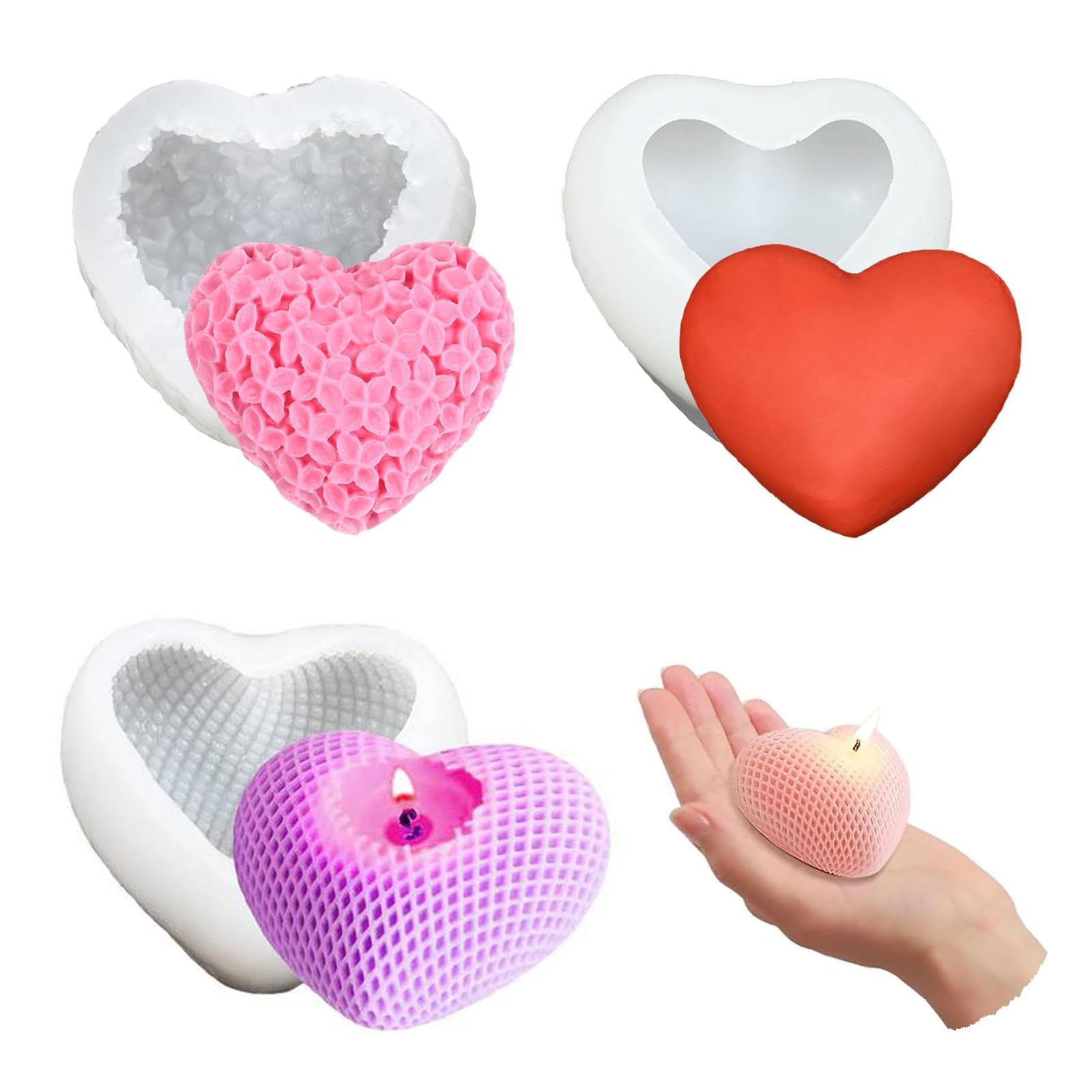 Yueeqian Silicone Heart Candle Moulds,3 Pcs 3D Heart-Shaped Epoxy Resin Molds