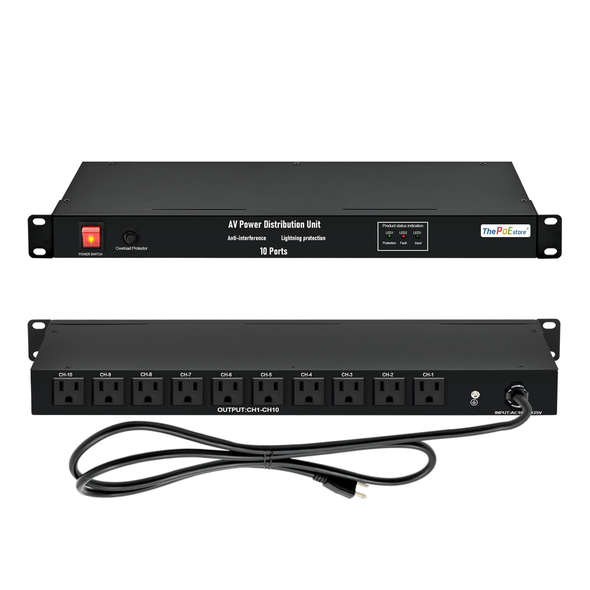 10 NEMA 5-15R Outlet Surge Protector PDU, 120V 15A 3600J 10KA, 1U Rack Mount Power Strip for Network Server Racks, AV Equipment, & More - 14AWG 6ft Cord, ETL Listed