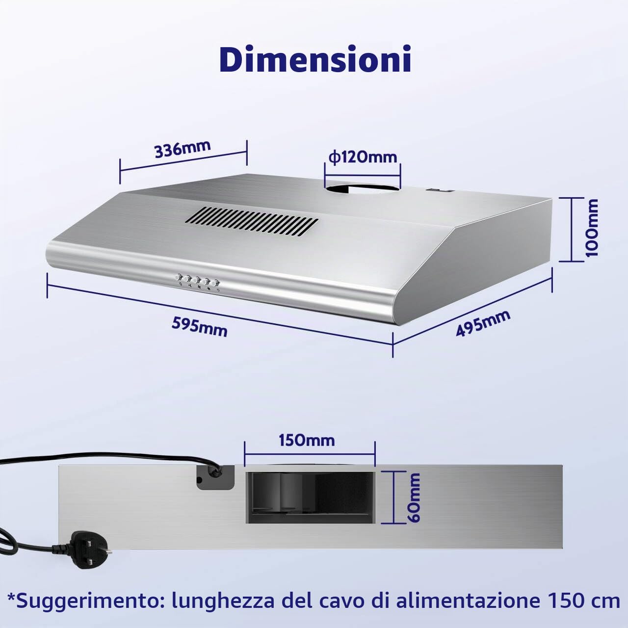 FIREGAS Cappa aspirante 60 cm per ricircolo o scarico, cappa aspirante 60 cm con motore senza spazzole e 3 livelli di potenza, potenza aspirante 250 m³/h, in acciaio inox