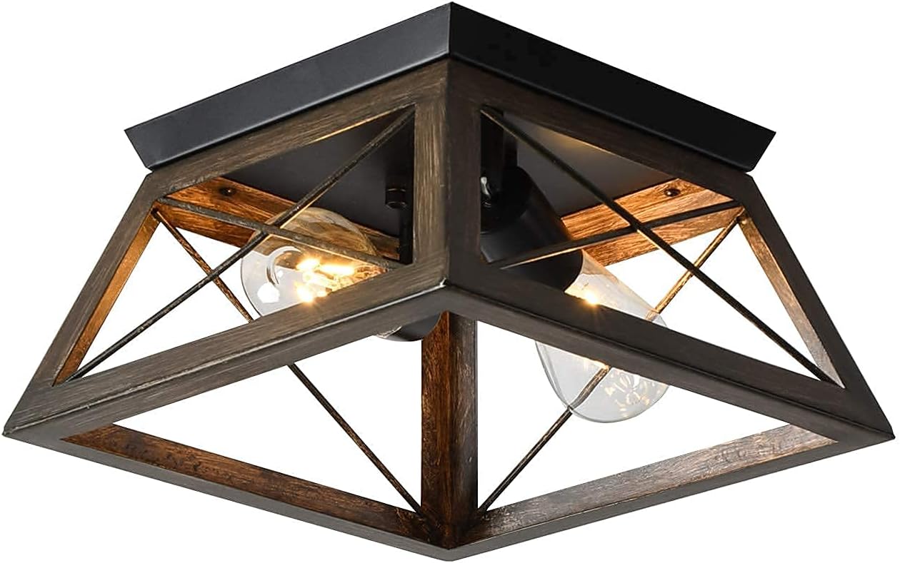 KDG Farmhouse Ceiling Lights, Recessed Corridor Antique Ceiling Lighting, with Square Metal Cage Llight Fixture, Adjustable, Used in Corridors, Restaurants, Bedrooms, Balconies. 2 Lights, Brown