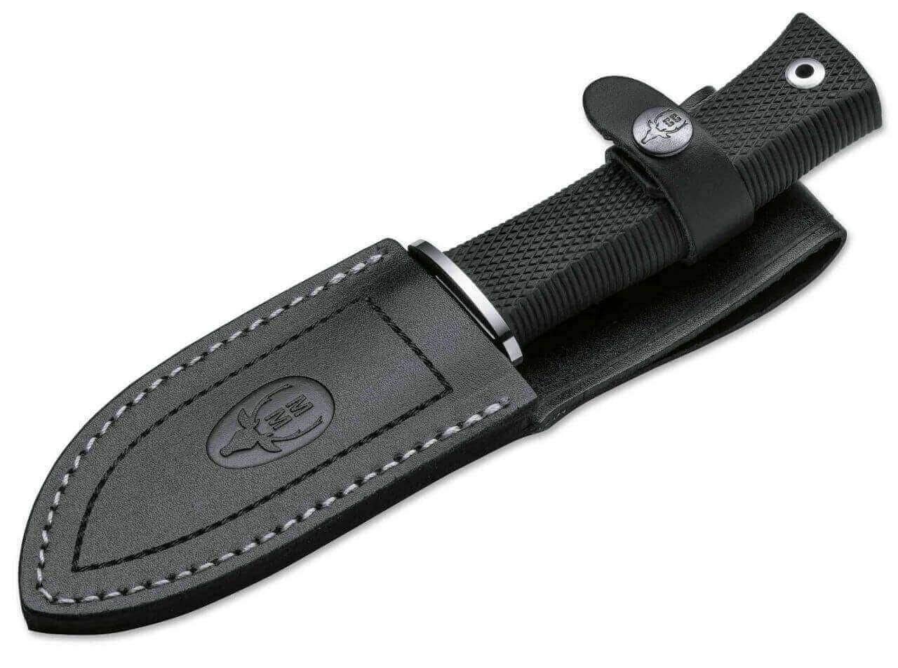 Muela Cuchillo VIPER-11G hoja de acero ACX-380 de 11 cm y empuñadura de mango de goma para Caza, Pesca, Supervivencia y Bushcraft Realizado en Ciudad Real + Portabotellas de regalo