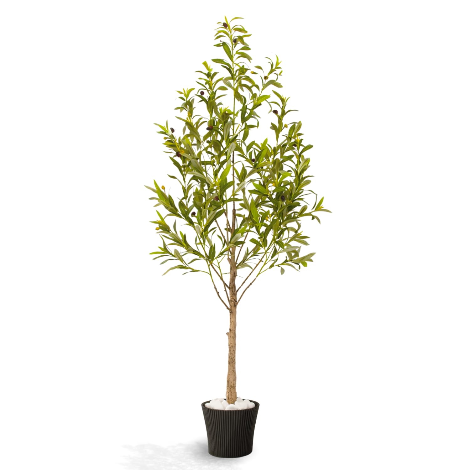 NOVECRAFTO 5FT/150CM Artificial Olive Tree with Decorative Pot & Mediterranean Stones – Realistic Indoor Faux Olive Tree with Natural Trunk, Lifelike Leaves & Fruits – Living Room, Bedroom, Office