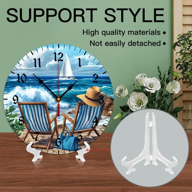 Wall Clock Silent Non-Ticking Kitchen Clock Beach Scene with Two Blue Chairs Desk Clock Battery Operated Quartz Analog Decorative Round Clocks 12 in Garden Home Decor