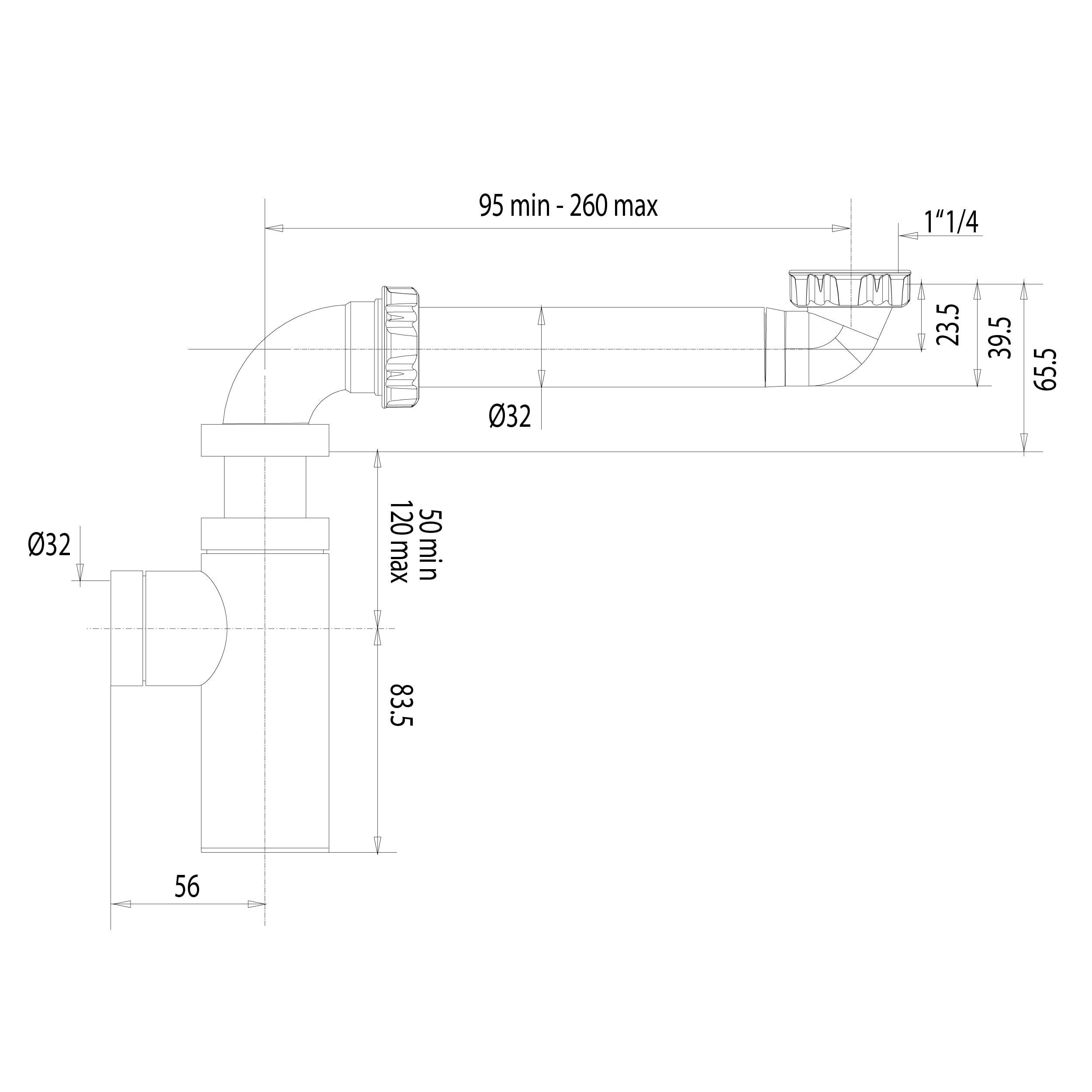 Tubulure gain de place sous lavabo + siphon design chromé 33x42 (1'1/4) - Ø32 NOYON & THIEBAULT