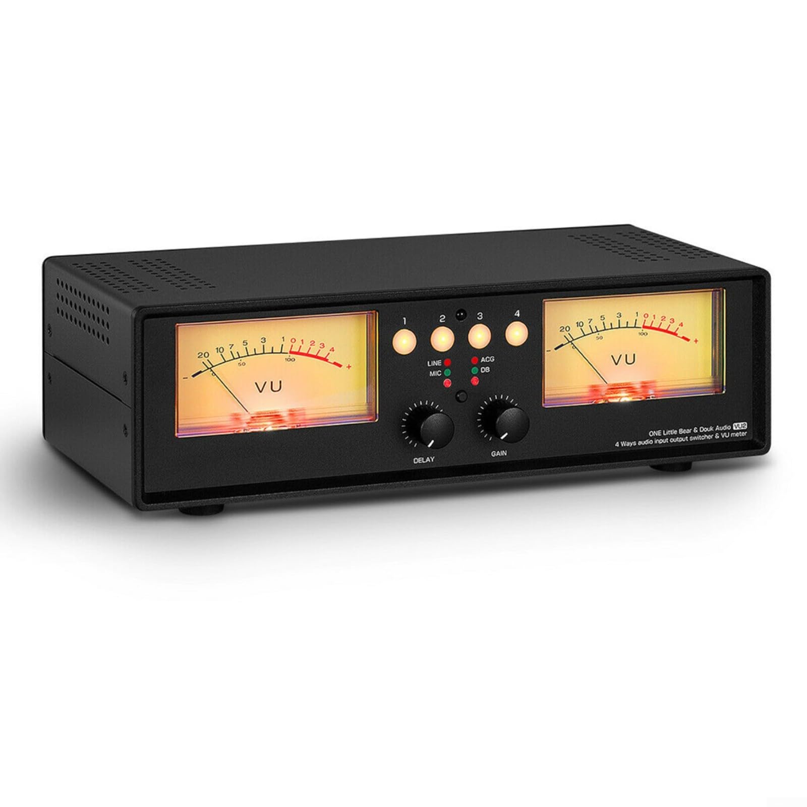 Medidor VU analógico de 4 vías, interruptor de audio de panel DB, indicador de nivel de sonido con entrada RCA para oficina de estudio en casa, caja divisora 4 en 1, control remoto incluido