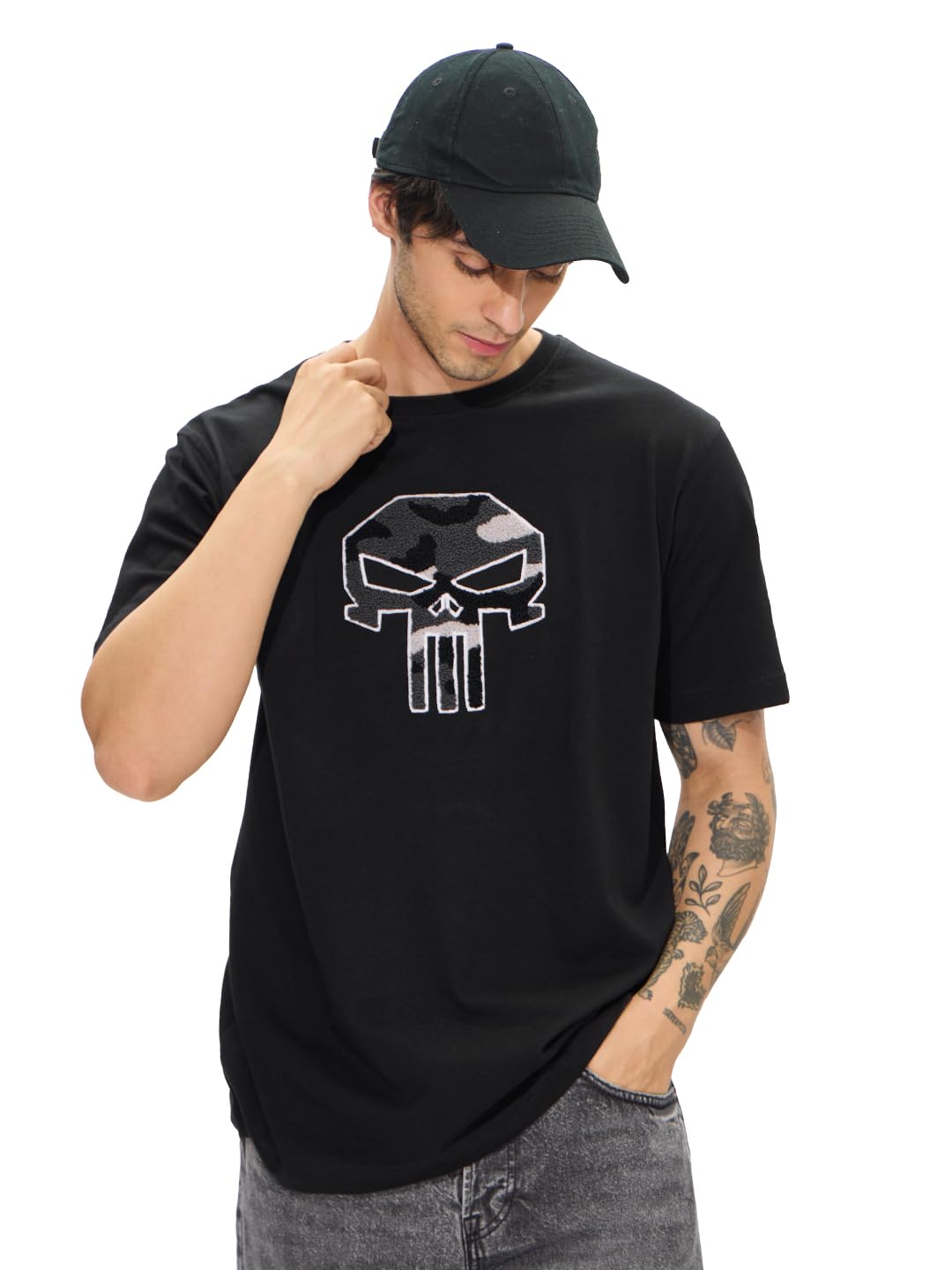 The Souled Store Punisher oficial: It's Time Hombres y Niños Manga Corta Cuello Redondo Negro Bordado Algodón Regular Fit Camisetas