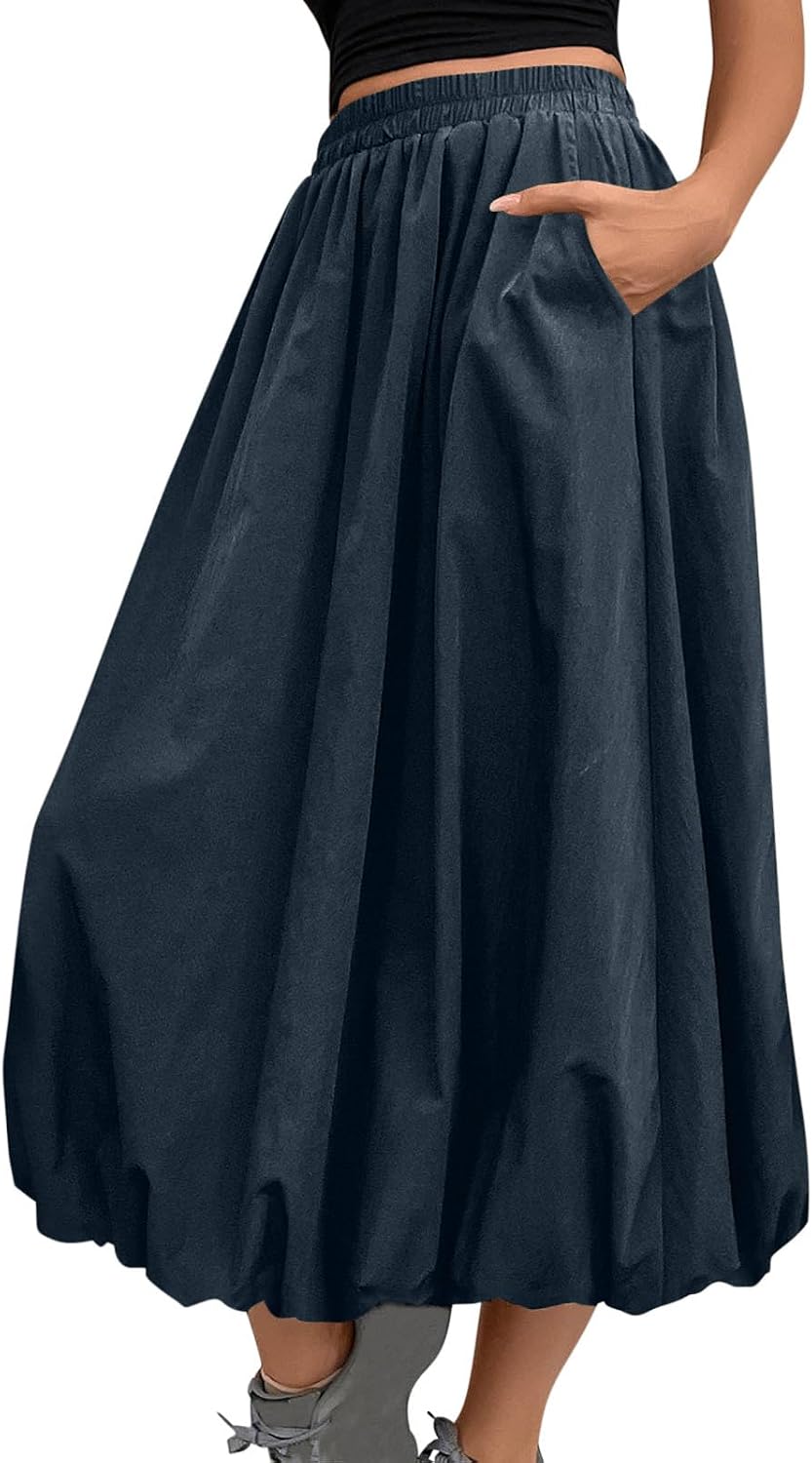 A-Line Loose Flowy Midi Skirt for Women with Pockets Elegant Casual Skirt for Beach, Wedding, and Everyday Wear