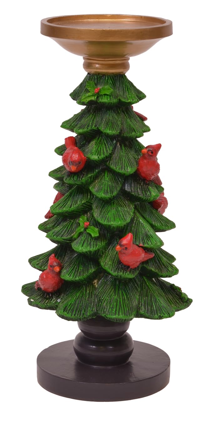Portavelas de resina cardenales con bayas de acebo en pino, decoración navideña de mesa, 10 pulgadas, verde y rojo
