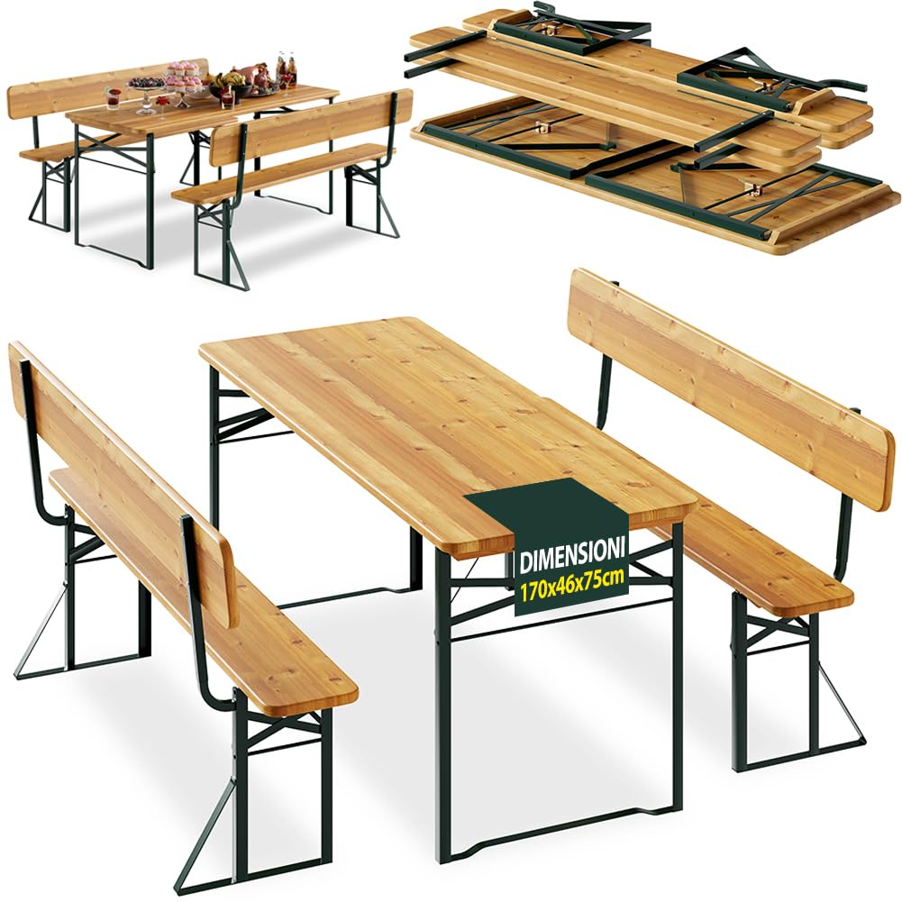 BAKAJI Set 3 Pezzi Birreria con Tavolo Pieghevole e Panche da Esterno, Struttura in Acciaio Comoda, Seduta Ergonomica e Resistente, Ideale per Giardino, Bar, Campeggio, Sagra (170 cm con Schienale)
