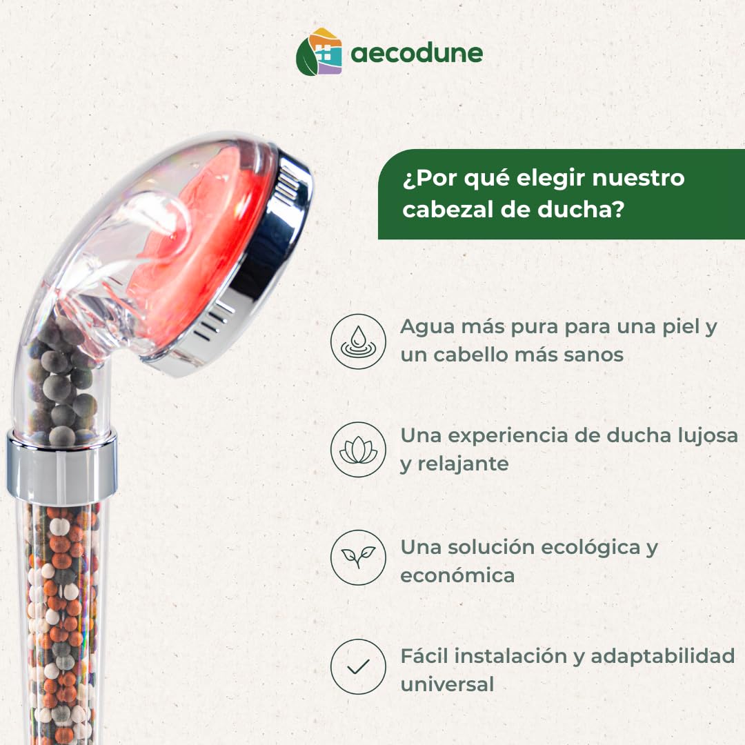 Aecodune Pomo de Ducha XL Vitamina C Premium con Filtro de Agua - VUELVE A SER SUBLIME - Ducha Anti Cal, Elimina 99% Cloro y más - Belleza y Pureza - Filtro de Agua Eco con Aromas y Presión