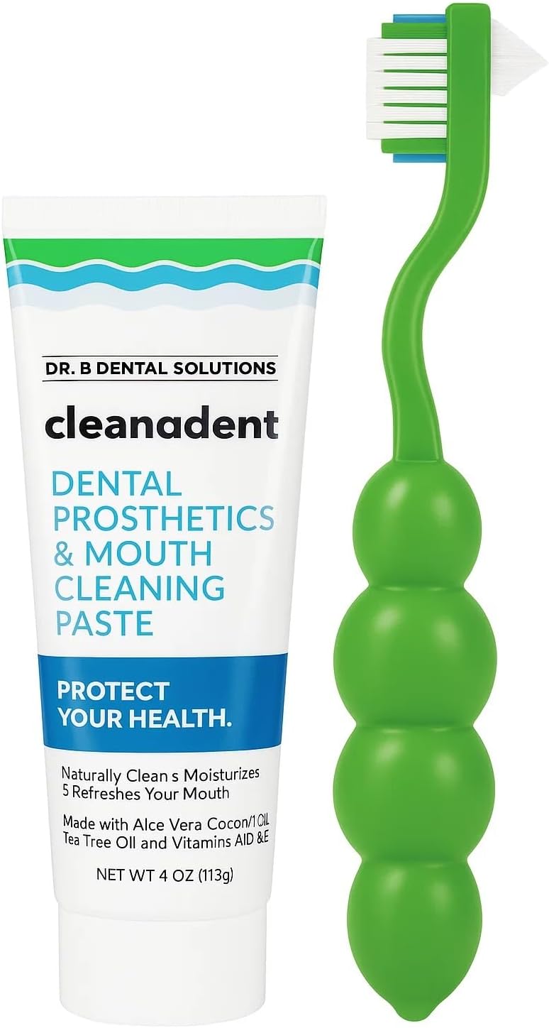 Dr. B Dental Solutions Denture Care Bundle | Cleanadent Denture & Gum Toothpaste (4 oz) + Ergonomic Toothbrush with Extra Soft Bristles | Ideal for Healthy Gums, Freshness & Stain Removal