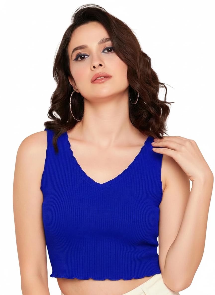 Istyle Can Women Royal Blue Ribbed V-Neck Frill Edge Crop Tank Top | Stretch Fit Sleeveless Cami-picture-29