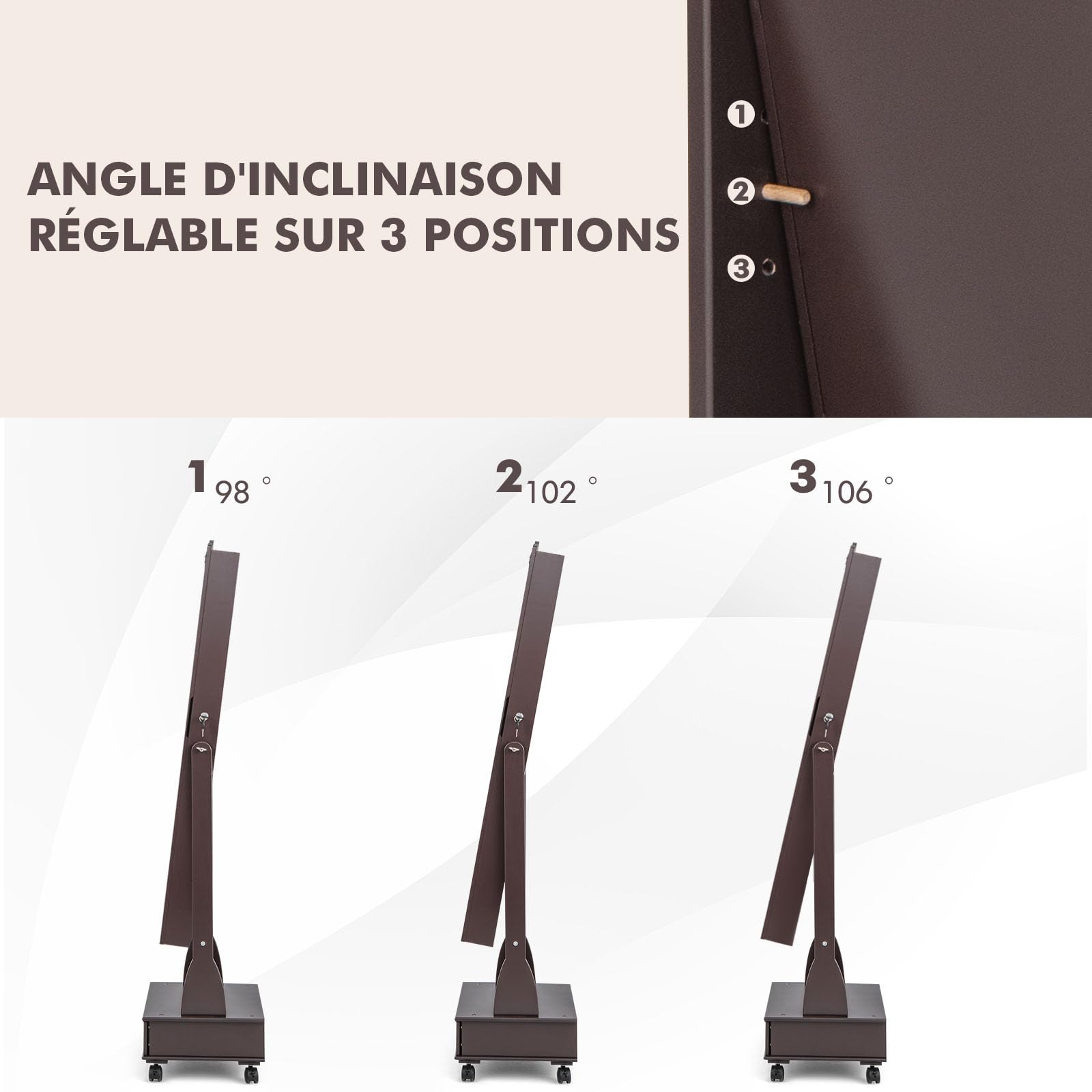GOPLUS Armoire à Bijoux à Roulettes, Armoire a Bijoux avec Miroir sur Pied avec Lumières LED, 3 Angles Réglables, Organisateur de Bijoux Verrouillable avec Grand Espace de Rangement (Marron)