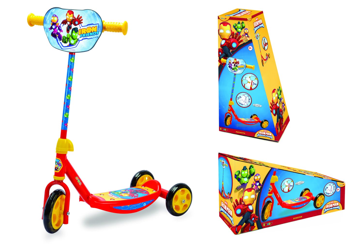 Smoby - Monopattino a 3 ruote Iron Man - Regolabile - Fino a 67 cm - Poggiapiedi antiscivolo - Dai 3 anni in su - Peso massimo 20 kg