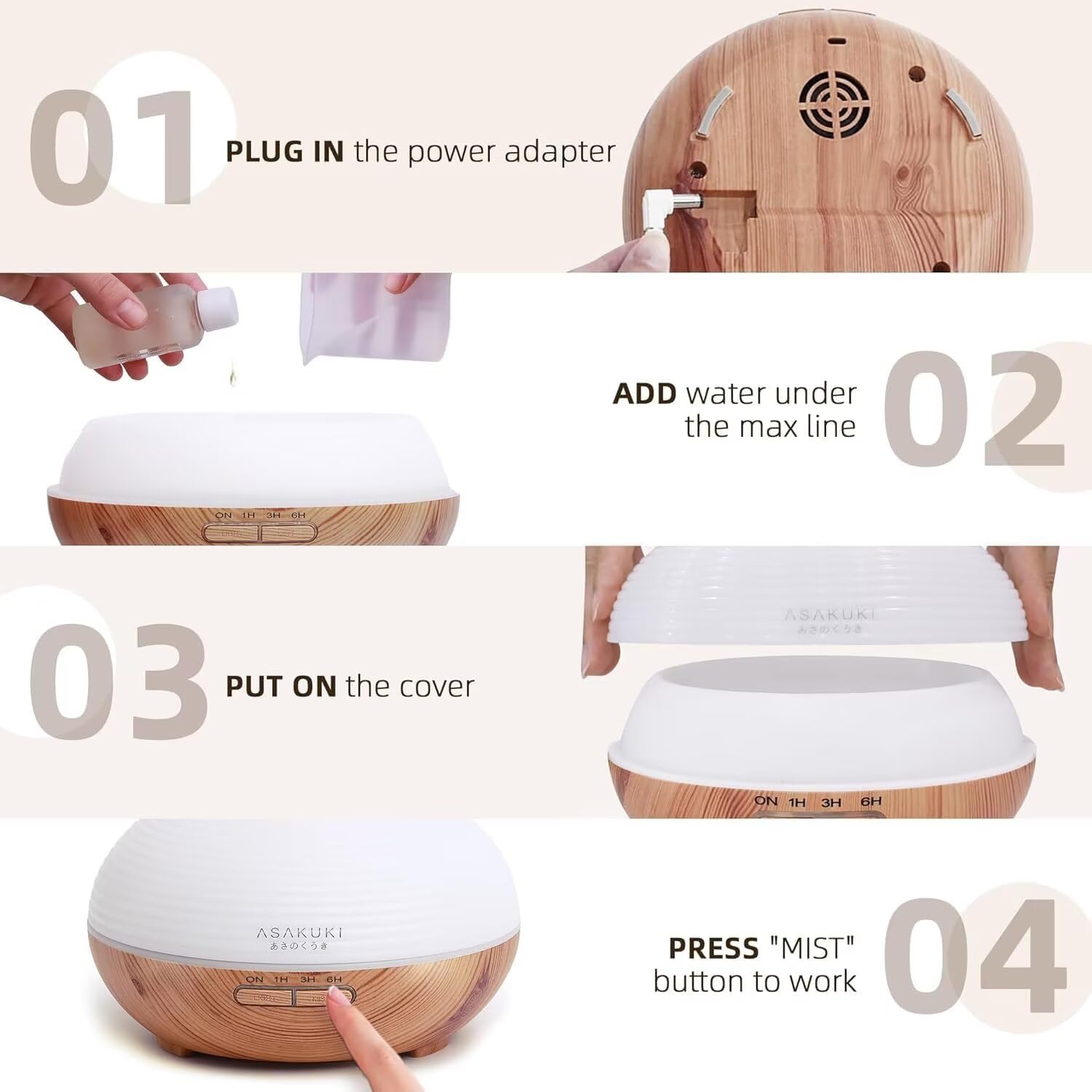 ASAKUKI 300ml Essential Oil Diffuser, Wood Grain Ultrasonic Aromatherapy Diffuser, Quiet Diffuser with 4 Timers, Auto Shut-Off & Colour-Changing LED for Home, Office, Yoga | Relaxation & Better Sleep - Image 8 thumbnail