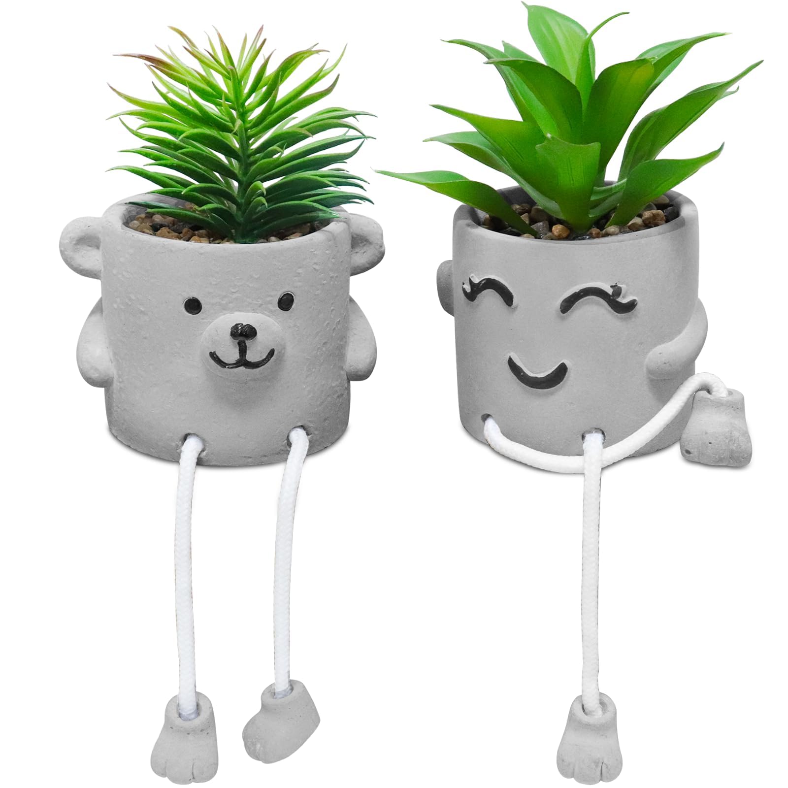 Zerzsy Faux Succulents in Cement Pots with Hanging Leg, Potted Mini Fake Plants for Office Desk Decor, Artificial Succulent Plants Indoor Decorations - Set of 2