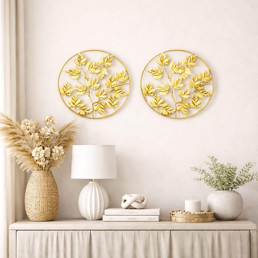 Set of 2 Metal Leaf Wall Art Hanging Décor | Round Floral Nature Design Modern Luxury Wall Sculpture Frames for Living Room Bedroom Office Hotel | Decorative Home Accent Showpiece