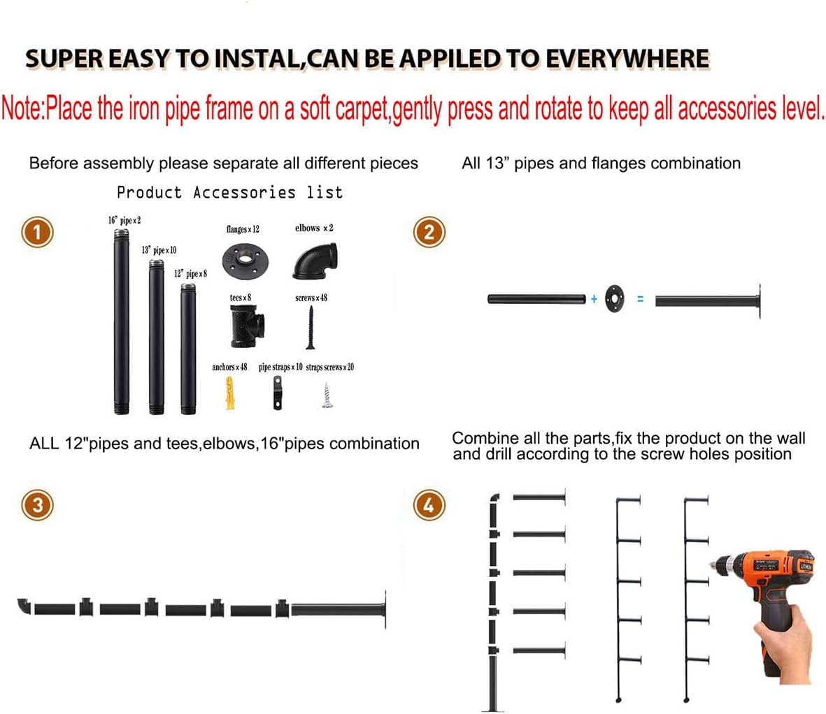 Industrial Wall Mount Iron Pipe Shelf Bracket,Vintage Retro Black DIY Open Bookshelf, Storage Shelves, Ceiling hung Shelves for Home Kitchen Office(2PcsX5Tier,70" Tall,12"deep,Hardware Only)