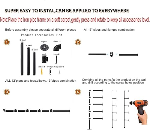 Miniatura 5 de Soporte de estante de tubo de hierro para montaje en pared, estantería abierta vintage retro negra, estantes de almacenamiento, estantes colgantes