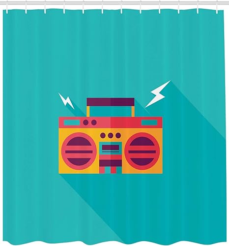 Miniatura 1 de Lunarable Music Shower Curtain, Ghetto Blaster Audio Retro Boombox with a Long Shadow, Cloth Fabric Bathroom Decor Set with Hooks, 105" Extra Wide,