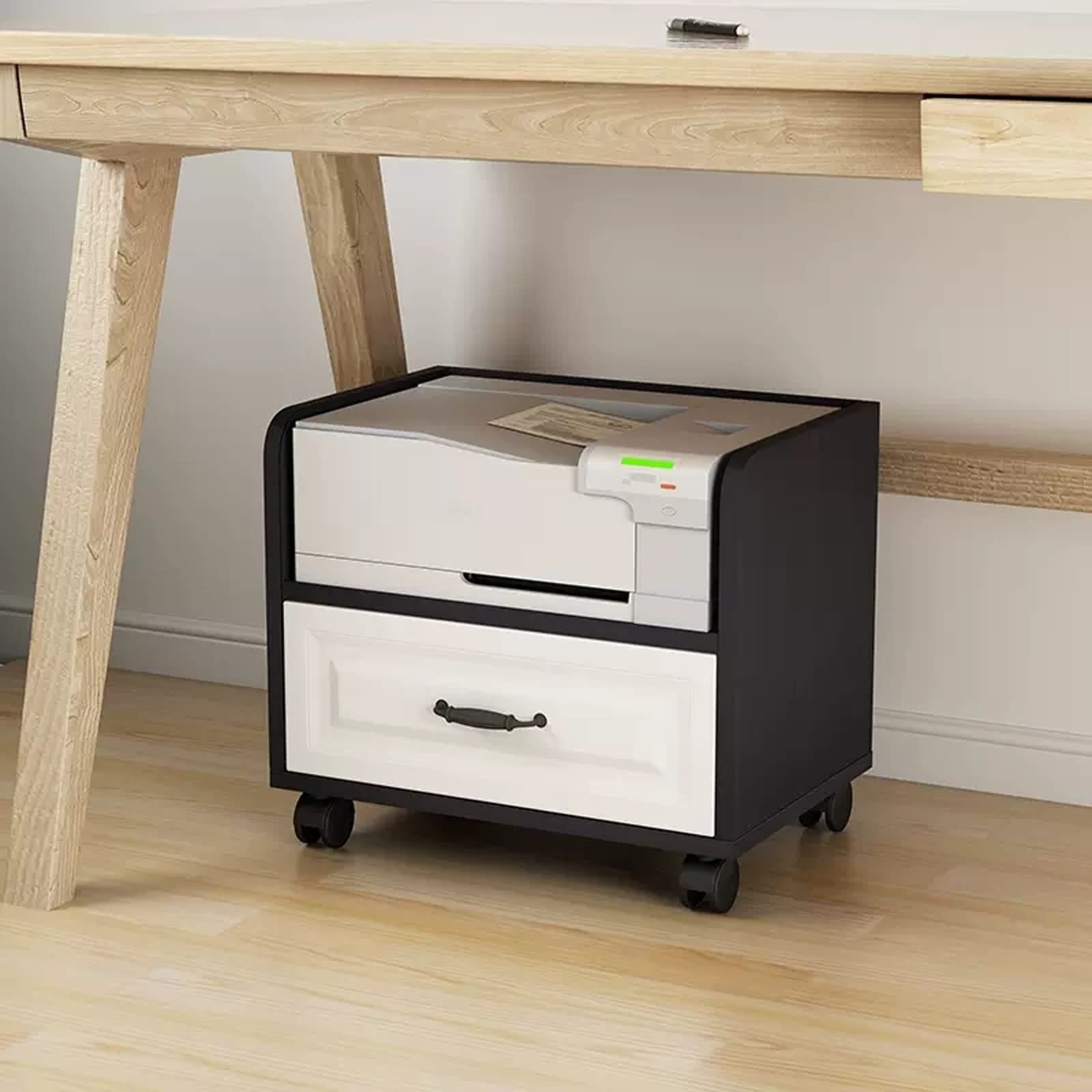 Druckerständer aus Holz mit 2 Ebenen, Schublade und Rädern, unter dem Schreibtisch, Druckerwagen für Heimbüro, mobiles Druckerregal, Druckerhalter (L x B x H): 53 x 40 x 46,5 cm